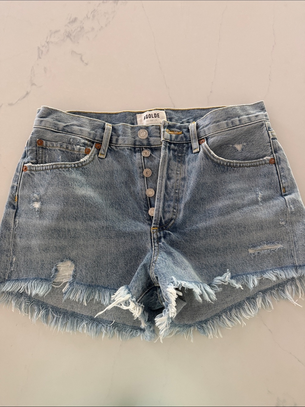 Agolde Light Blue Distressed High-Rise Parker Denim Shorts size 26